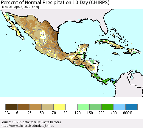 Mexico Central America and the Caribbean Percent of Normal Precipitation 10-Day (CHIRPS) Thematic Map For 3/26/2022 - 4/5/2022