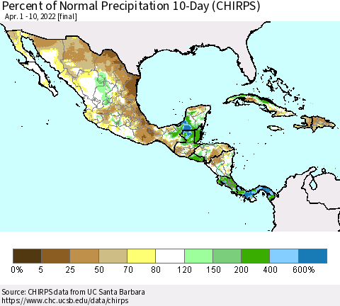 Mexico Central America and the Caribbean Percent of Normal Precipitation 10-Day (CHIRPS) Thematic Map For 4/1/2022 - 4/10/2022