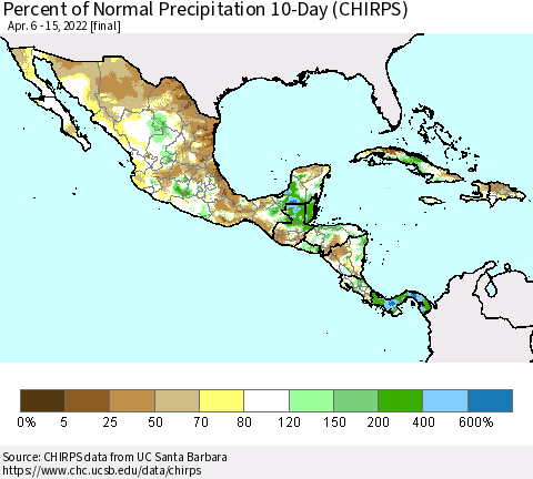 Mexico Central America and the Caribbean Percent of Normal Precipitation 10-Day (CHIRPS) Thematic Map For 4/6/2022 - 4/15/2022