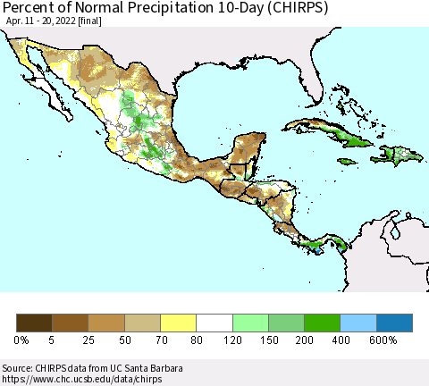 Mexico Central America and the Caribbean Percent of Normal Precipitation 10-Day (CHIRPS) Thematic Map For 4/11/2022 - 4/20/2022