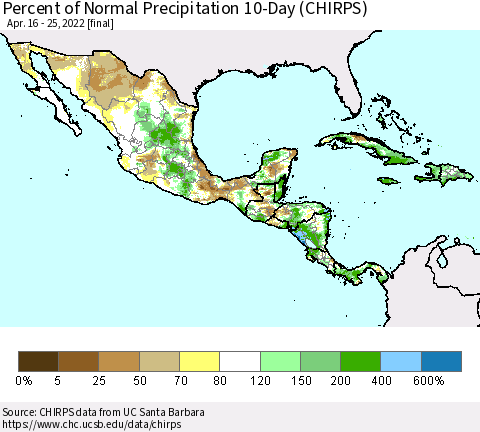 Mexico Central America and the Caribbean Percent of Normal Precipitation 10-Day (CHIRPS) Thematic Map For 4/16/2022 - 4/25/2022
