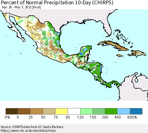 Mexico Central America and the Caribbean Percent of Normal Precipitation 10-Day (CHIRPS) Thematic Map For 4/26/2022 - 5/5/2022