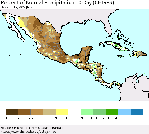 Mexico Central America and the Caribbean Percent of Normal Precipitation 10-Day (CHIRPS) Thematic Map For 5/6/2022 - 5/15/2022