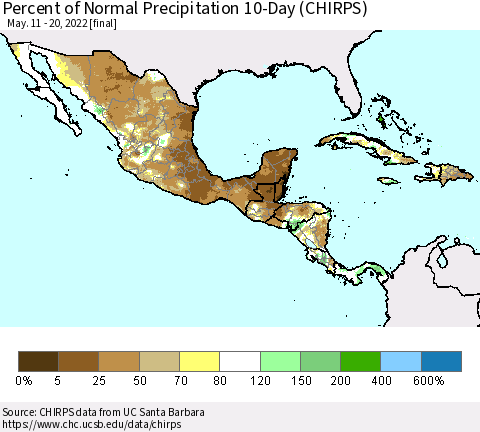 Mexico Central America and the Caribbean Percent of Normal Precipitation 10-Day (CHIRPS) Thematic Map For 5/11/2022 - 5/20/2022