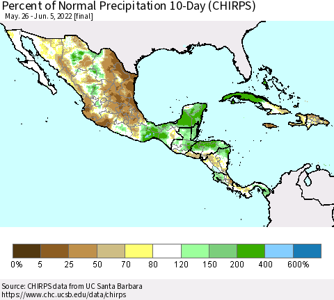Mexico Central America and the Caribbean Percent of Normal Precipitation 10-Day (CHIRPS) Thematic Map For 5/26/2022 - 6/5/2022