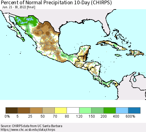 Mexico Central America and the Caribbean Percent of Normal Precipitation 10-Day (CHIRPS) Thematic Map For 6/21/2022 - 6/30/2022