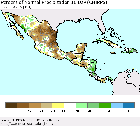 Mexico Central America and the Caribbean Percent of Normal Precipitation 10-Day (CHIRPS) Thematic Map For 7/1/2022 - 7/10/2022