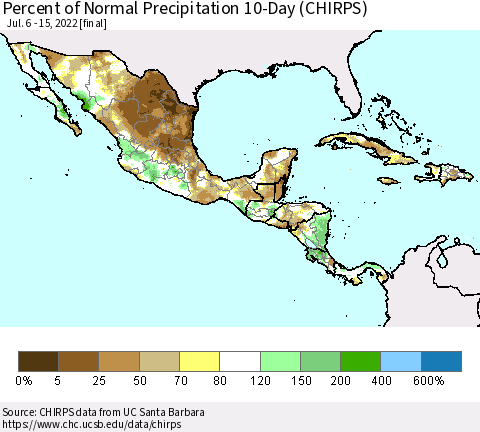 Mexico Central America and the Caribbean Percent of Normal Precipitation 10-Day (CHIRPS) Thematic Map For 7/6/2022 - 7/15/2022