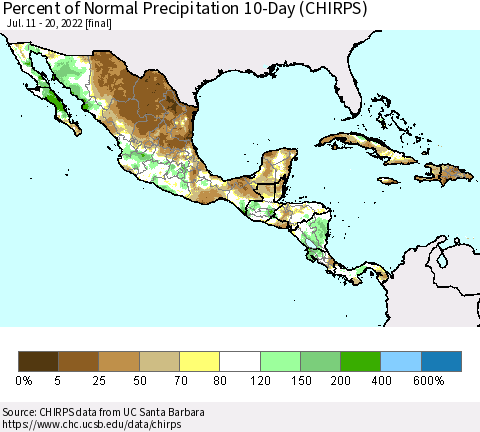 Mexico Central America and the Caribbean Percent of Normal Precipitation 10-Day (CHIRPS) Thematic Map For 7/11/2022 - 7/20/2022