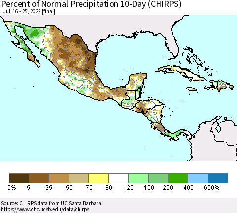 Mexico Central America and the Caribbean Percent of Normal Precipitation 10-Day (CHIRPS) Thematic Map For 7/16/2022 - 7/25/2022