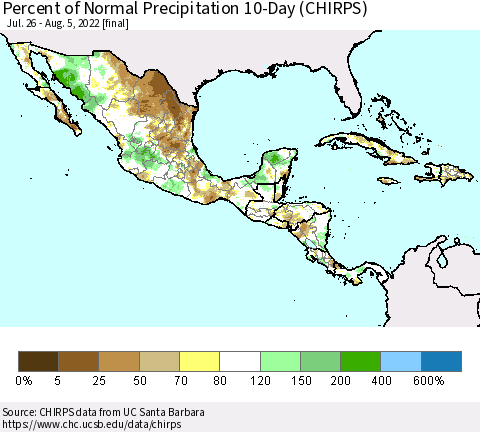 Mexico Central America and the Caribbean Percent of Normal Precipitation 10-Day (CHIRPS) Thematic Map For 7/26/2022 - 8/5/2022