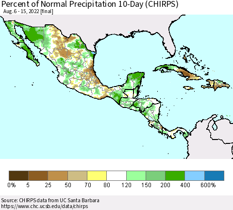 Mexico Central America and the Caribbean Percent of Normal Precipitation 10-Day (CHIRPS) Thematic Map For 8/6/2022 - 8/15/2022