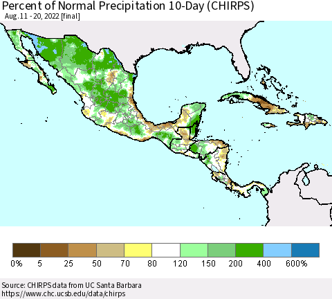 Mexico Central America and the Caribbean Percent of Normal Precipitation 10-Day (CHIRPS) Thematic Map For 8/11/2022 - 8/20/2022