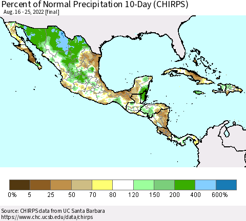 Mexico Central America and the Caribbean Percent of Normal Precipitation 10-Day (CHIRPS) Thematic Map For 8/16/2022 - 8/25/2022