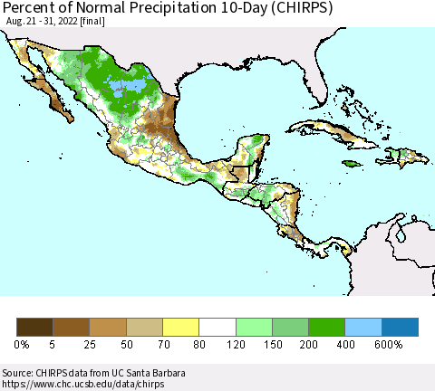 Mexico Central America and the Caribbean Percent of Normal Precipitation 10-Day (CHIRPS) Thematic Map For 8/21/2022 - 8/31/2022