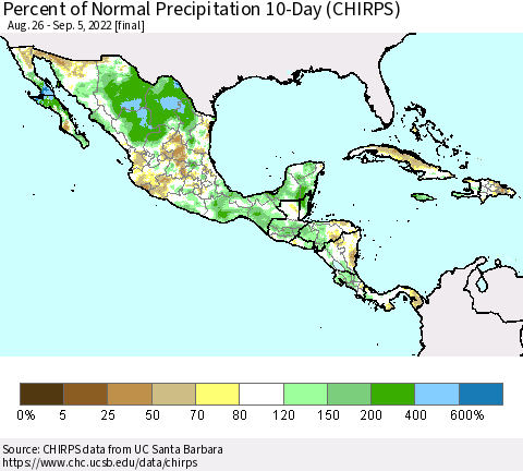 Mexico Central America and the Caribbean Percent of Normal Precipitation 10-Day (CHIRPS) Thematic Map For 8/26/2022 - 9/5/2022