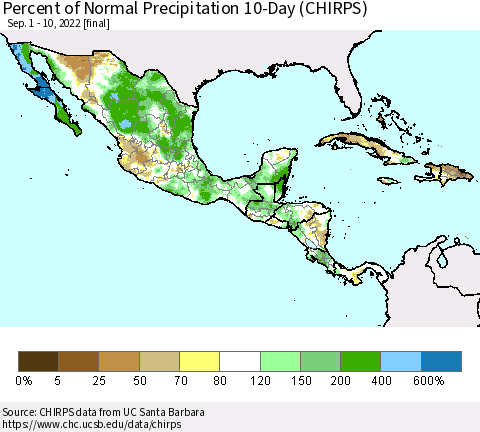 Mexico Central America and the Caribbean Percent of Normal Precipitation 10-Day (CHIRPS) Thematic Map For 9/1/2022 - 9/10/2022