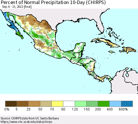 Mexico Central America and the Caribbean Percent of Normal Precipitation 10-Day (CHIRPS) Thematic Map For 9/6/2022 - 9/15/2022