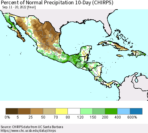 Mexico Central America and the Caribbean Percent of Normal Precipitation 10-Day (CHIRPS) Thematic Map For 9/11/2022 - 9/20/2022