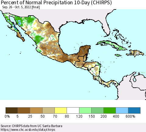 Mexico Central America and the Caribbean Percent of Normal Precipitation 10-Day (CHIRPS) Thematic Map For 9/26/2022 - 10/5/2022
