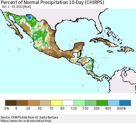 Mexico Central America and the Caribbean Percent of Normal Precipitation 10-Day (CHIRPS) Thematic Map For 10/1/2022 - 10/10/2022