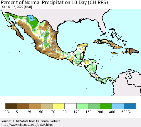 Mexico Central America and the Caribbean Percent of Normal Precipitation 10-Day (CHIRPS) Thematic Map For 10/6/2022 - 10/15/2022