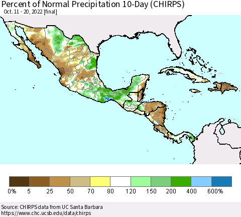 Mexico Central America and the Caribbean Percent of Normal Precipitation 10-Day (CHIRPS) Thematic Map For 10/11/2022 - 10/20/2022
