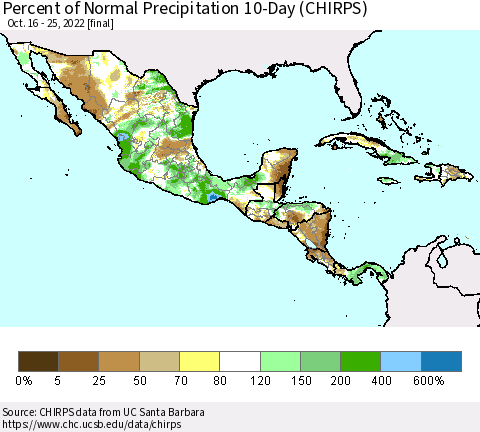 Mexico Central America and the Caribbean Percent of Normal Precipitation 10-Day (CHIRPS) Thematic Map For 10/16/2022 - 10/25/2022