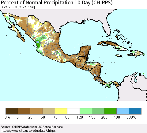 Mexico Central America and the Caribbean Percent of Normal Precipitation 10-Day (CHIRPS) Thematic Map For 10/21/2022 - 10/31/2022