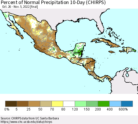 Mexico Central America and the Caribbean Percent of Normal Precipitation 10-Day (CHIRPS) Thematic Map For 10/26/2022 - 11/5/2022