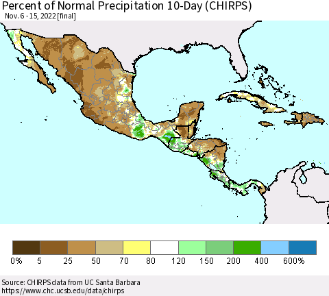 Mexico Central America and the Caribbean Percent of Normal Precipitation 10-Day (CHIRPS) Thematic Map For 11/6/2022 - 11/15/2022