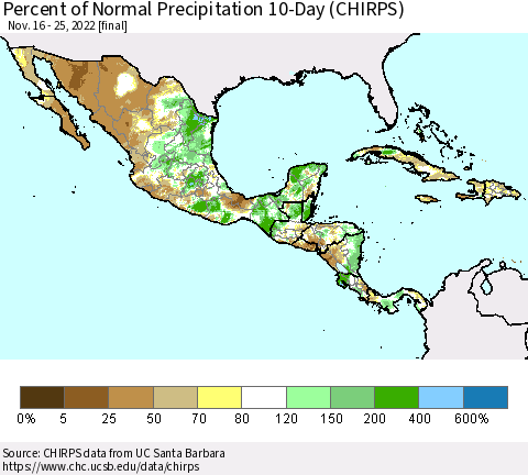Mexico Central America and the Caribbean Percent of Normal Precipitation 10-Day (CHIRPS) Thematic Map For 11/16/2022 - 11/25/2022