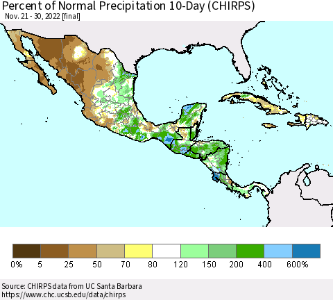 Mexico Central America and the Caribbean Percent of Normal Precipitation 10-Day (CHIRPS) Thematic Map For 11/21/2022 - 11/30/2022