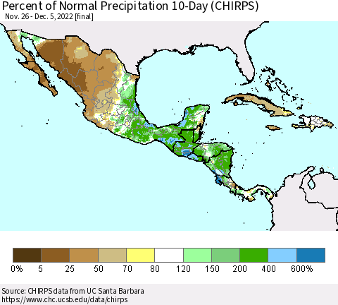 Mexico Central America and the Caribbean Percent of Normal Precipitation 10-Day (CHIRPS) Thematic Map For 11/26/2022 - 12/5/2022