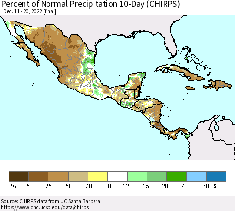 Mexico Central America and the Caribbean Percent of Normal Precipitation 10-Day (CHIRPS) Thematic Map For 12/11/2022 - 12/20/2022