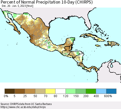 Mexico Central America and the Caribbean Percent of Normal Precipitation 10-Day (CHIRPS) Thematic Map For 12/26/2022 - 1/5/2023