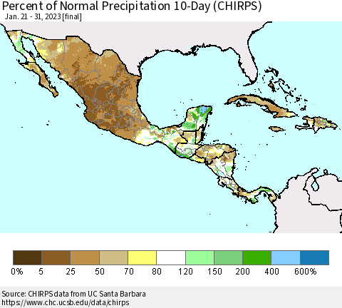Mexico Central America and the Caribbean Percent of Normal Precipitation 10-Day (CHIRPS) Thematic Map For 1/21/2023 - 1/31/2023