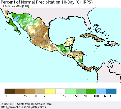 Mexico Central America and the Caribbean Percent of Normal Precipitation 10-Day (CHIRPS) Thematic Map For 2/16/2023 - 2/25/2023