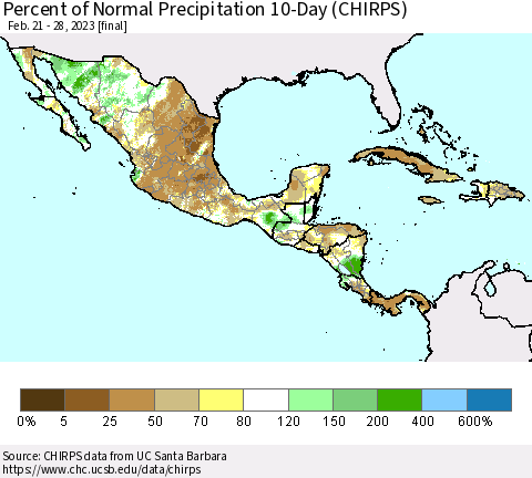 Mexico Central America and the Caribbean Percent of Normal Precipitation 10-Day (CHIRPS) Thematic Map For 2/21/2023 - 2/28/2023