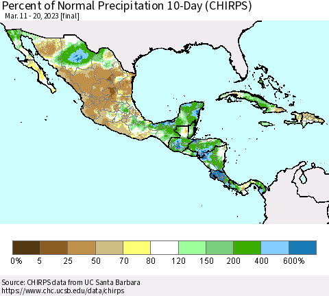 Mexico Central America and the Caribbean Percent of Normal Precipitation 10-Day (CHIRPS) Thematic Map For 3/11/2023 - 3/20/2023