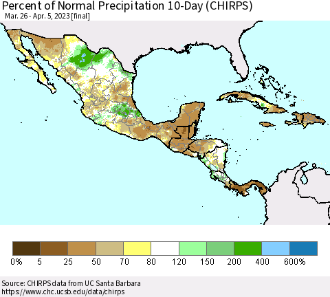 Mexico Central America and the Caribbean Percent of Normal Precipitation 10-Day (CHIRPS) Thematic Map For 3/26/2023 - 4/5/2023