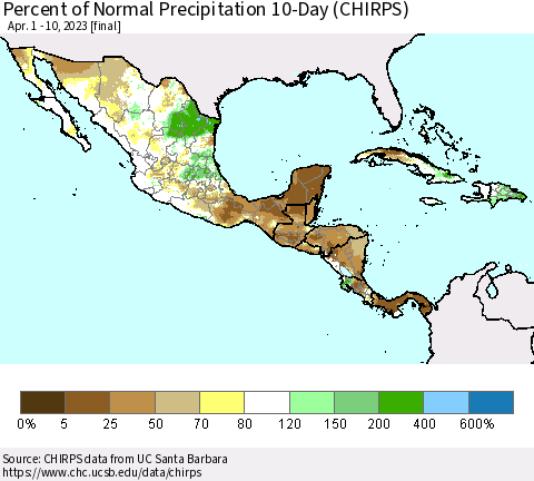 Mexico Central America and the Caribbean Percent of Normal Precipitation 10-Day (CHIRPS) Thematic Map For 4/1/2023 - 4/10/2023