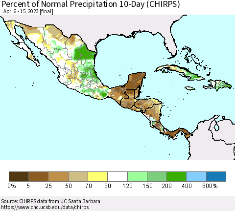 Mexico Central America and the Caribbean Percent of Normal Precipitation 10-Day (CHIRPS) Thematic Map For 4/6/2023 - 4/15/2023