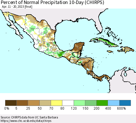 Mexico Central America and the Caribbean Percent of Normal Precipitation 10-Day (CHIRPS) Thematic Map For 4/11/2023 - 4/20/2023