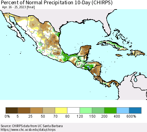 Mexico Central America and the Caribbean Percent of Normal Precipitation 10-Day (CHIRPS) Thematic Map For 4/16/2023 - 4/25/2023