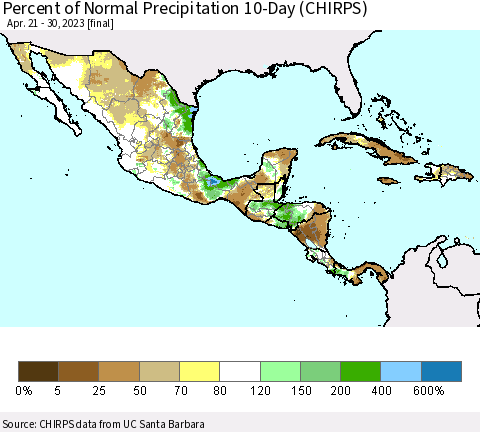Mexico Central America and the Caribbean Percent of Normal Precipitation 10-Day (CHIRPS) Thematic Map For 4/21/2023 - 4/30/2023