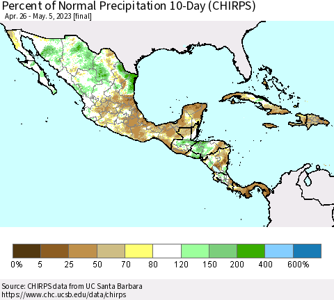 Mexico Central America and the Caribbean Percent of Normal Precipitation 10-Day (CHIRPS) Thematic Map For 4/26/2023 - 5/5/2023