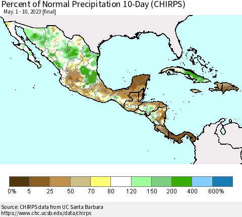 Mexico Central America and the Caribbean Percent of Normal Precipitation 10-Day (CHIRPS) Thematic Map For 5/1/2023 - 5/10/2023