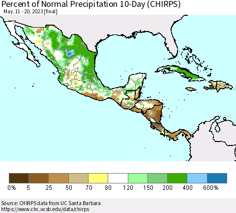 Mexico Central America and the Caribbean Percent of Normal Precipitation 10-Day (CHIRPS) Thematic Map For 5/11/2023 - 5/20/2023