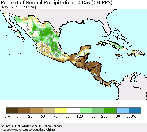 Mexico Central America and the Caribbean Percent of Normal Precipitation 10-Day (CHIRPS) Thematic Map For 5/16/2023 - 5/25/2023